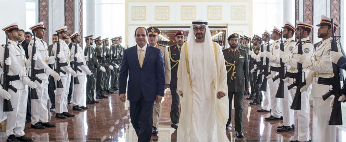 Sheikh Mohamed bin Zayed Al Nahyan, crown prince of Abu Dhabi, right, receives Egyptian President Abdel Fattah al-Sisi in Abu Dhabi, United Arab Emirates. (Ryan Carter, Crown Prince Court via AP)